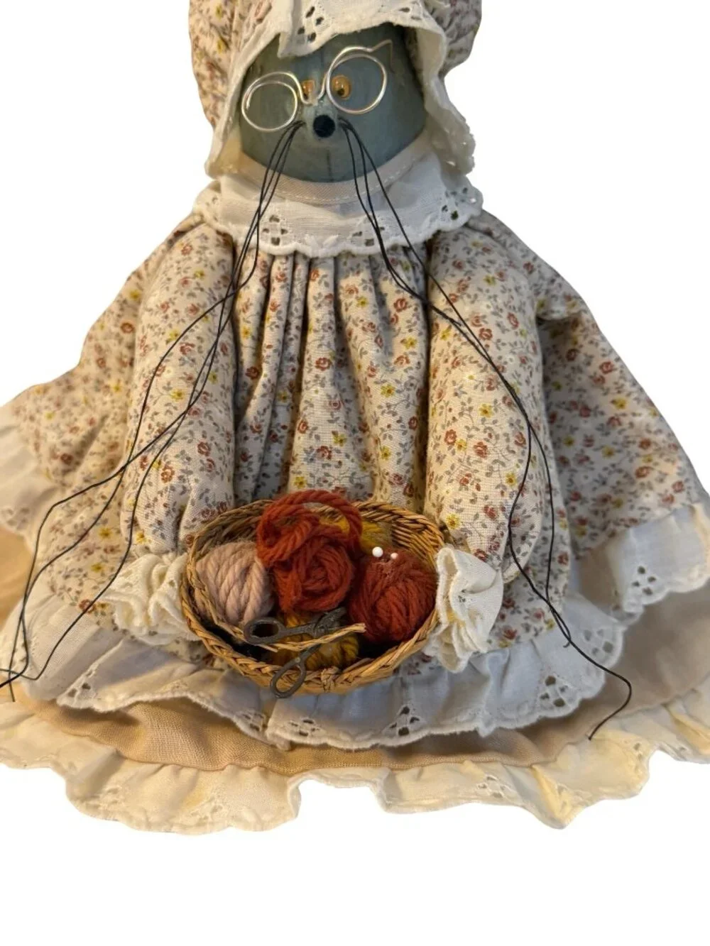 Vintage Handmade Country Grandma Mouse Cloth Doll Shelf Sitter Floral Dress Bask